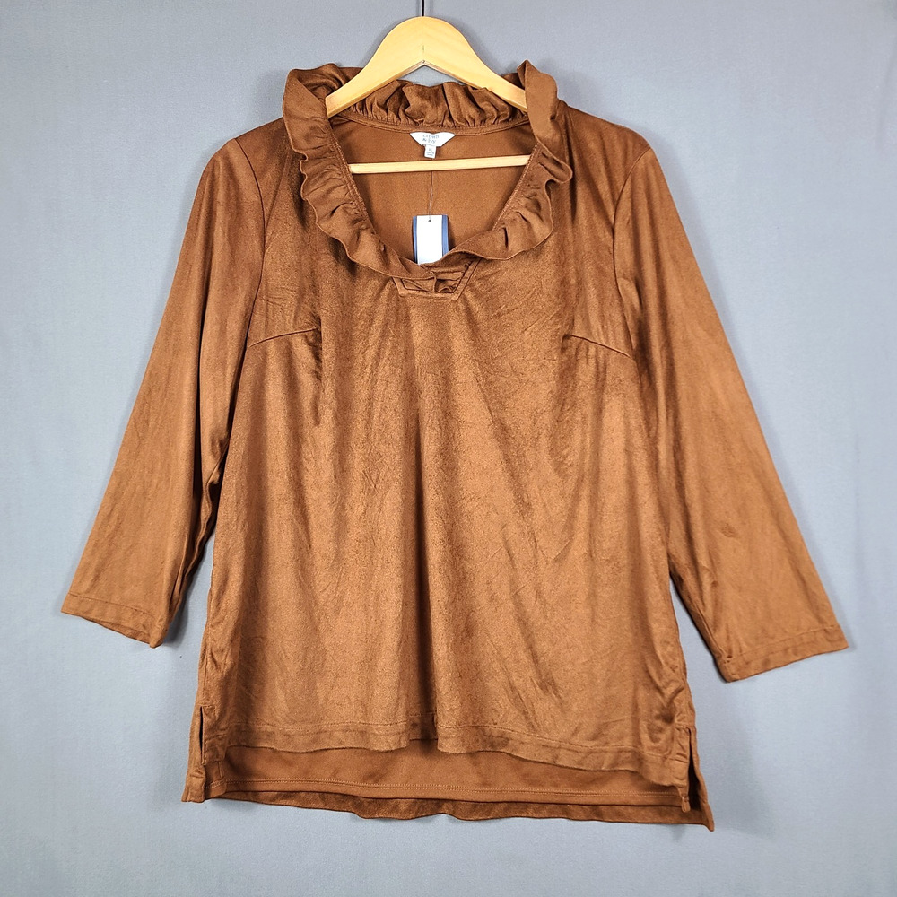 NWT Crown & Ivy Brown Ruffle Collar Soft Ultrasuede Top Boho Casual Chic Size XL